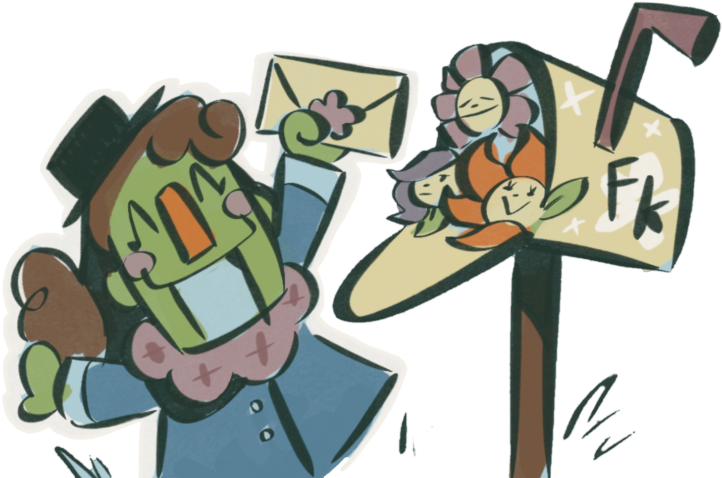 a drawing of dr. habit smiling and holding up a envelope, that has just been taken out of a open mailbox that has flowers stuffed inside