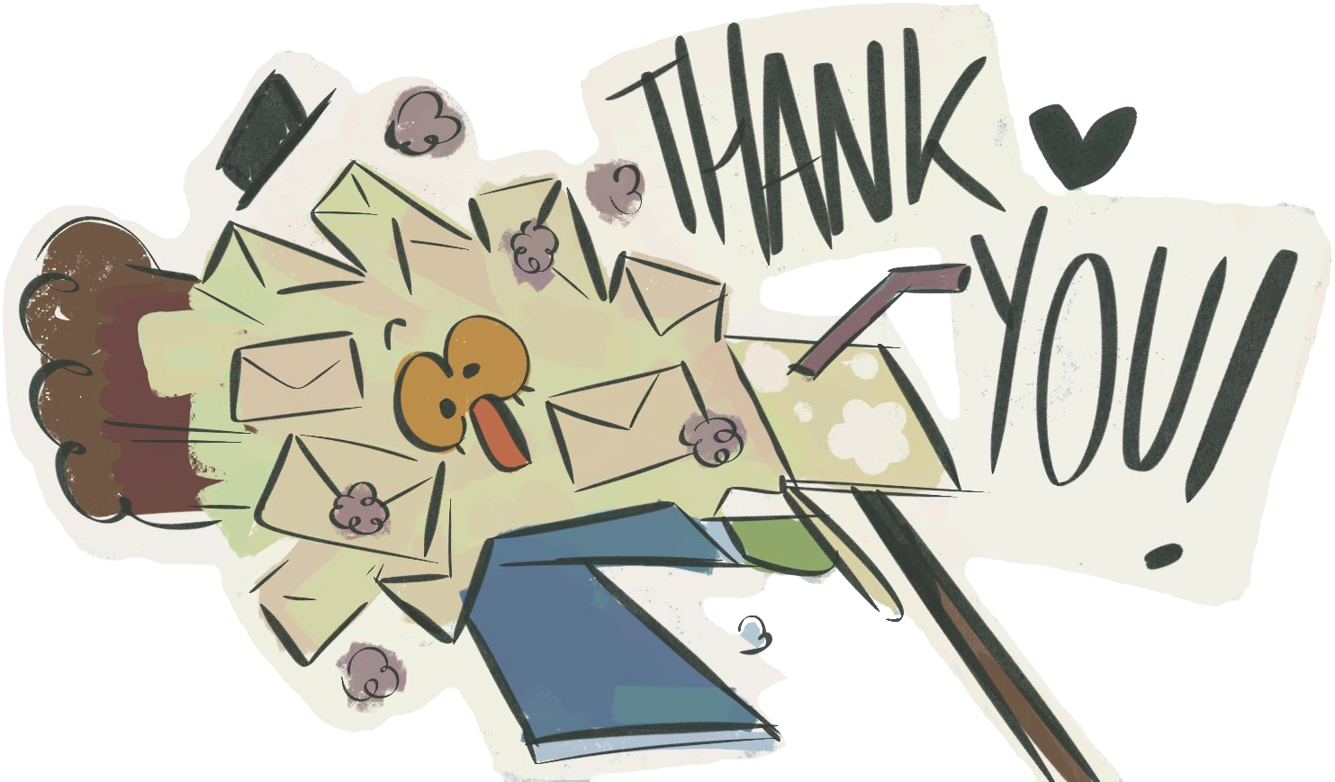 Dr. Habit drawn by Echo! a drawn illustration of dr. habit being overwhelmed by a large volume of envelopes shooting out of a mailbox with the words THANK YOU in the background