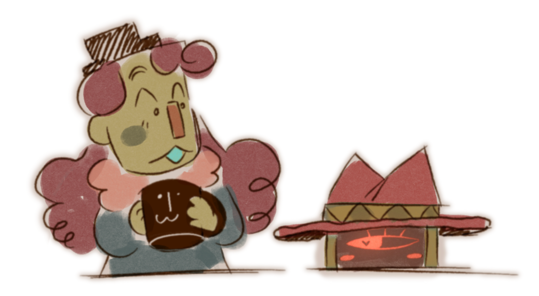illustration by Echo! Pabit holding a mug with Shadow Habit’s face, looking quizzically at L4CEY, LimboLane’s mascot, who’s peaking up at him.