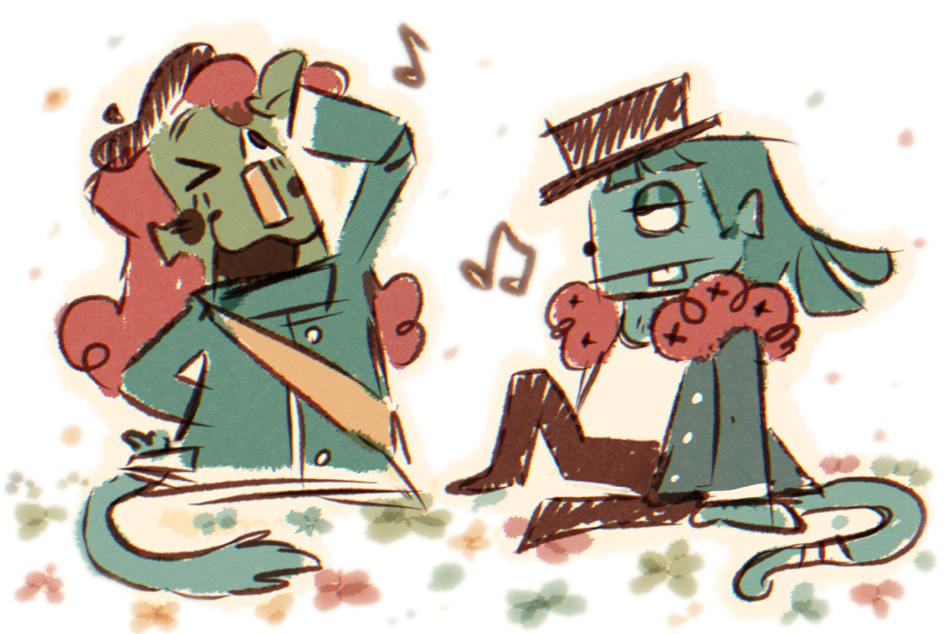 Digital sketch of Pabit & Capochin in swapped outfits, sitting in flowers.